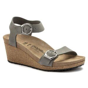 Birkenstock Shoes Papillio Soley Dove Grey Nubuck Leather Wedge Sandals
